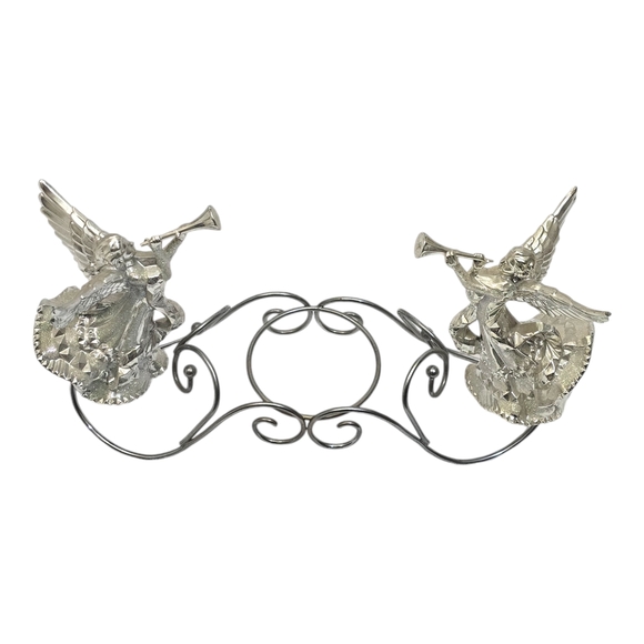 Vintage Angel Silver Tone Glitter Candle Holder Centerpiece Guardian Angel Horn - Picture 3 of 14